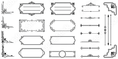 Set of black vintage borders and decorative text separators with ornate corner embellishment.