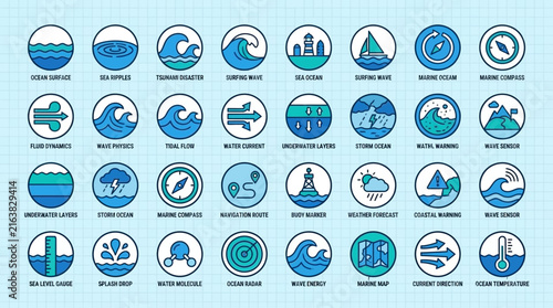 Blue circular maritime and ocean weather icons.