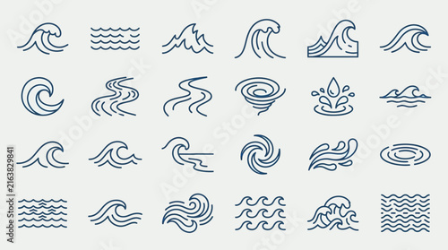 Blue water wave and ocean ripple icons.