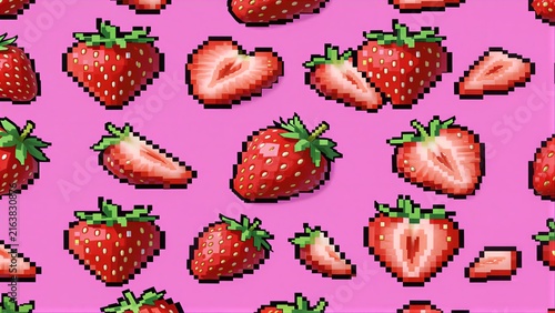 Pixel strawberries on pink background, sweet and vibrant pattern.