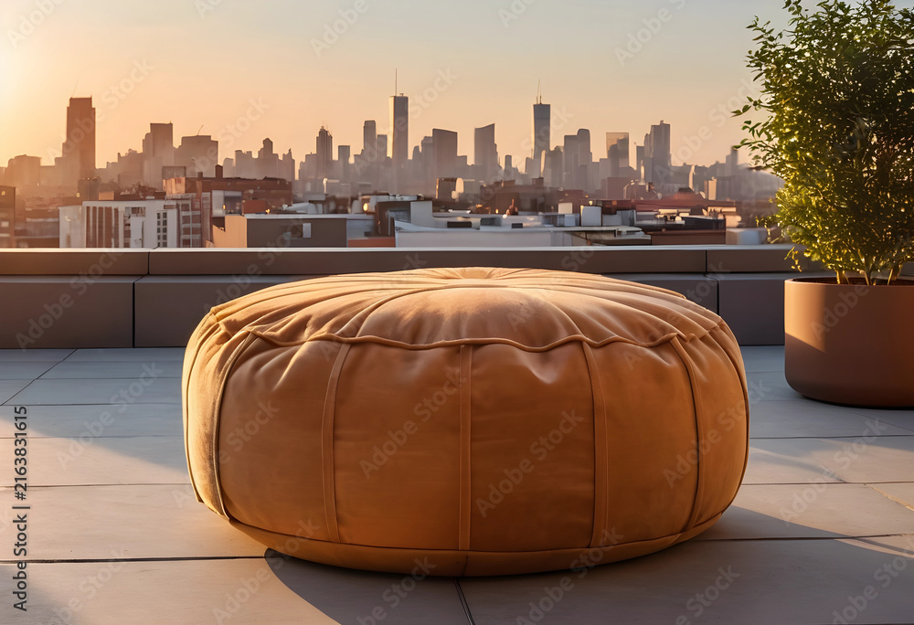 Fototapeta premium Urban rooftop living and city views, comfortable outdoor pouf on a modern terrace at sunset with skyline background