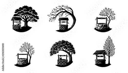 Rustic water well and tree logo set featuring old stone wishing wells under leafy trees, vintage woodcut style silhouettes, and rural landscape emblem collection isolated on white background vector