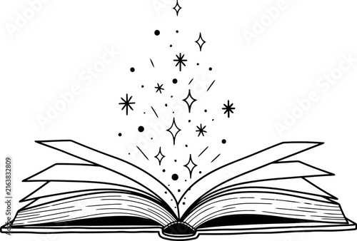 Open book with magical stars and sparkles emanating upwards