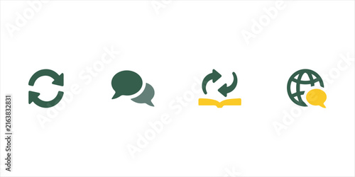 International Translation Day: Minimal linear vector icon representing International Translation Day, featuring overlapping speech bubbles with multi-language text symbols and a globe.