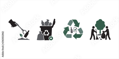 World CleanUp Day: Modern line art icon featuring a recycling trash bin with leaves and a broom, perfect for waste management, litter cleanup drives, and eco-friendly sustainability projects.