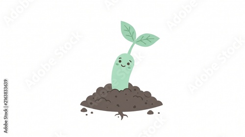 Cute Pastel Green Sprout Character Emerging from Soil with Curious Smile | Soft Minimal Flat Vector Illustration
