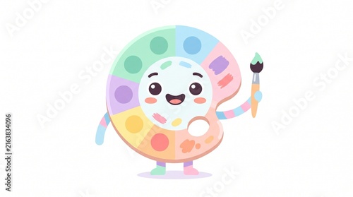Cute Pastel Multicolor Paint Palette Character with Tiny Paintbrush Arm and Happy Expression | Minimal Flat Vector Illustration