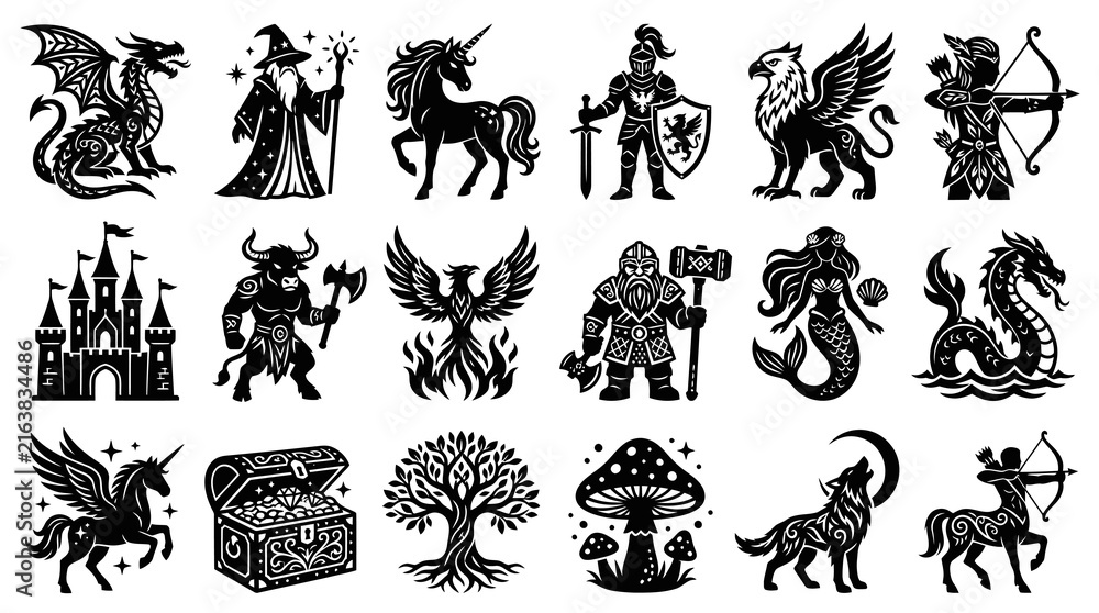 Obraz premium Fantasy Creature Icons: Dragon, Wizard, Unicorn, Griffin, Mermaid, Mythical Beasts