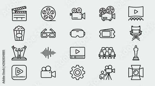 Cinema theater and movie production outline icon set.