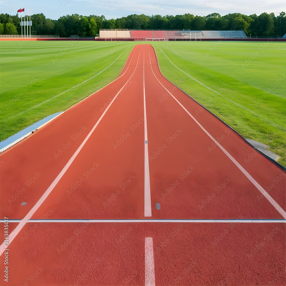 Fototapeta premium Athletic track and field stadium, sports competition and fitness training, running track with green grass and empty stands