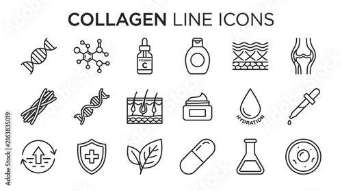 Collagen and skincare beauty science line icons.