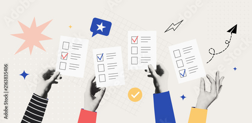 Hands Holding Vote Ballots with Check Marks During Democratic Election Civic Participation Voting Rights Retro Halftone Collage Vector Illustration