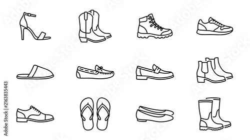 Collection of various footwear and shoes line icons