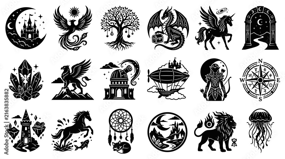 Obraz premium Mystical Fantasy Creatures, Magic Symbols Esoteric Elements Black White Glyph Vector Illustrations Set