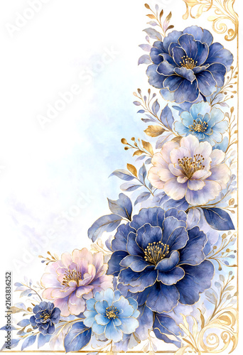 Beautiful watercolor floral arrangement with blue and white flowers gold accents elegant border design