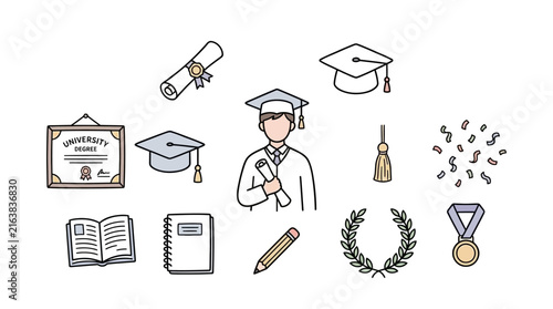Colorful graduation and academic achievement icons.