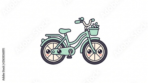 Cute Pastel Mint Bicycle Character with Round Wheel Eyes and Cheerful Smile | Minimal Kawaii Flat Vector Illustration