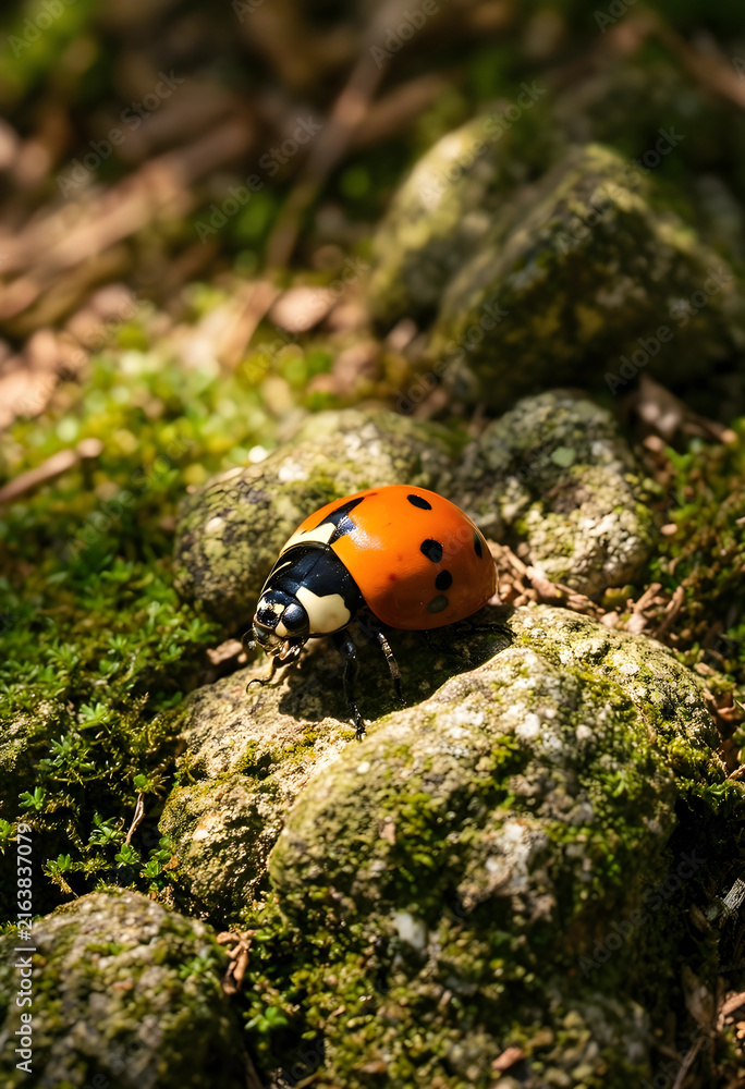 Naklejka premium Ladybug on mossy rock nature and biodiversity environmental conservation insect macro in natural habitat