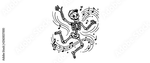 Fotografie Dancing Skeleton with Music Notes Isolated
