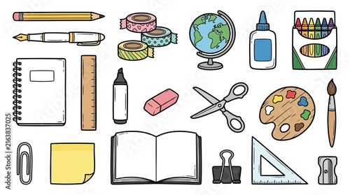 Colorful hand-drawn school and office supplies collection.