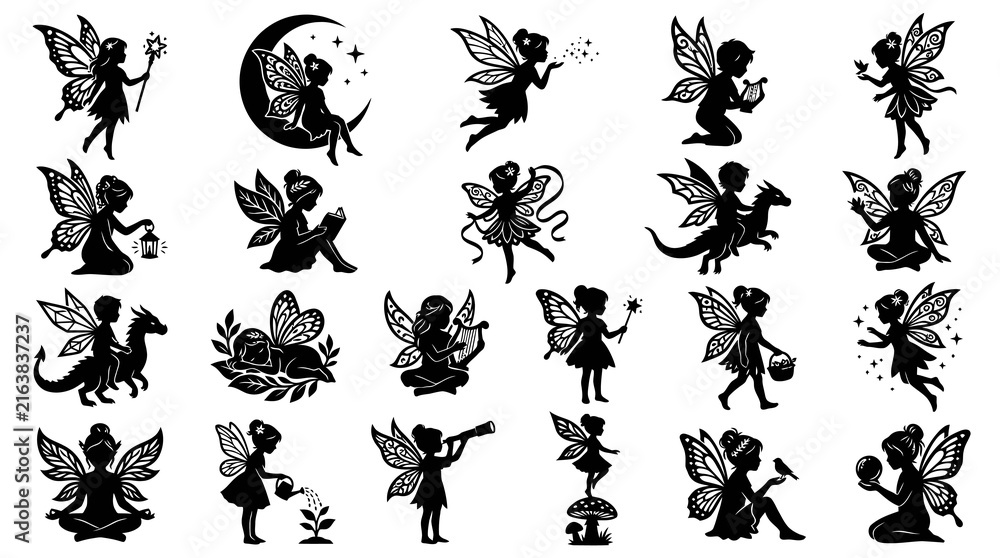 Obraz premium Black White Silhouette Vector Art of Fairies for Fantasy, Magic, and Kids Themes