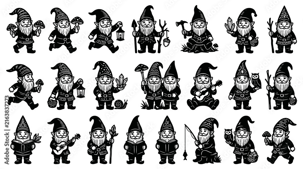 Fototapeta premium Black and White Line Art Gnomes with Mushrooms, Lanterns, and Crystals