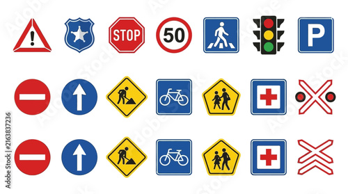 Colorful international road traffic and safety sign icons