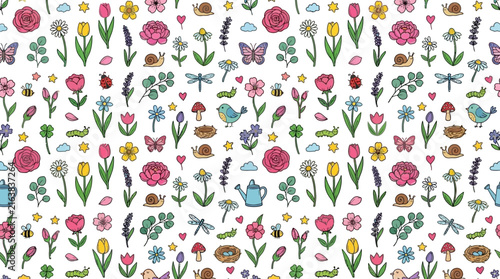 Colorful garden pattern with flowers and bugs.