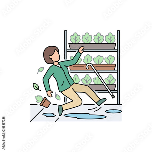 Foto Elderly Person Slipping in Garden with Potted Plants