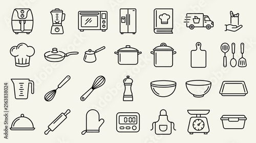 Comprehensive kitchen utensils and baking tools outline icon set.