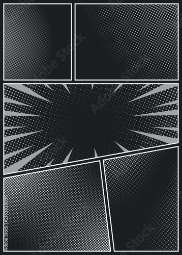 Black and white comic book page template with blank manga panels