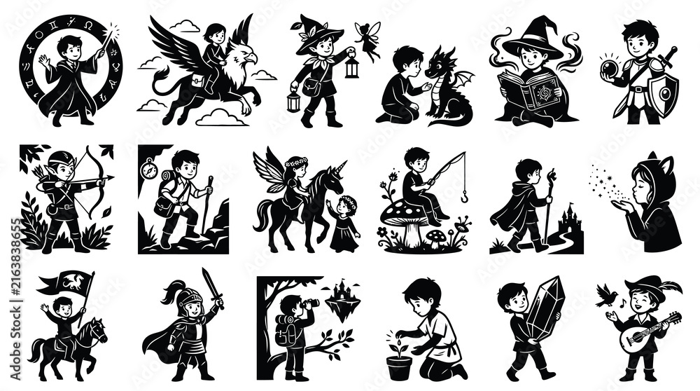 Obraz premium Fantasy Children Set: Kids in Magic, Knight, Archer, Wizard, Unicorn Art