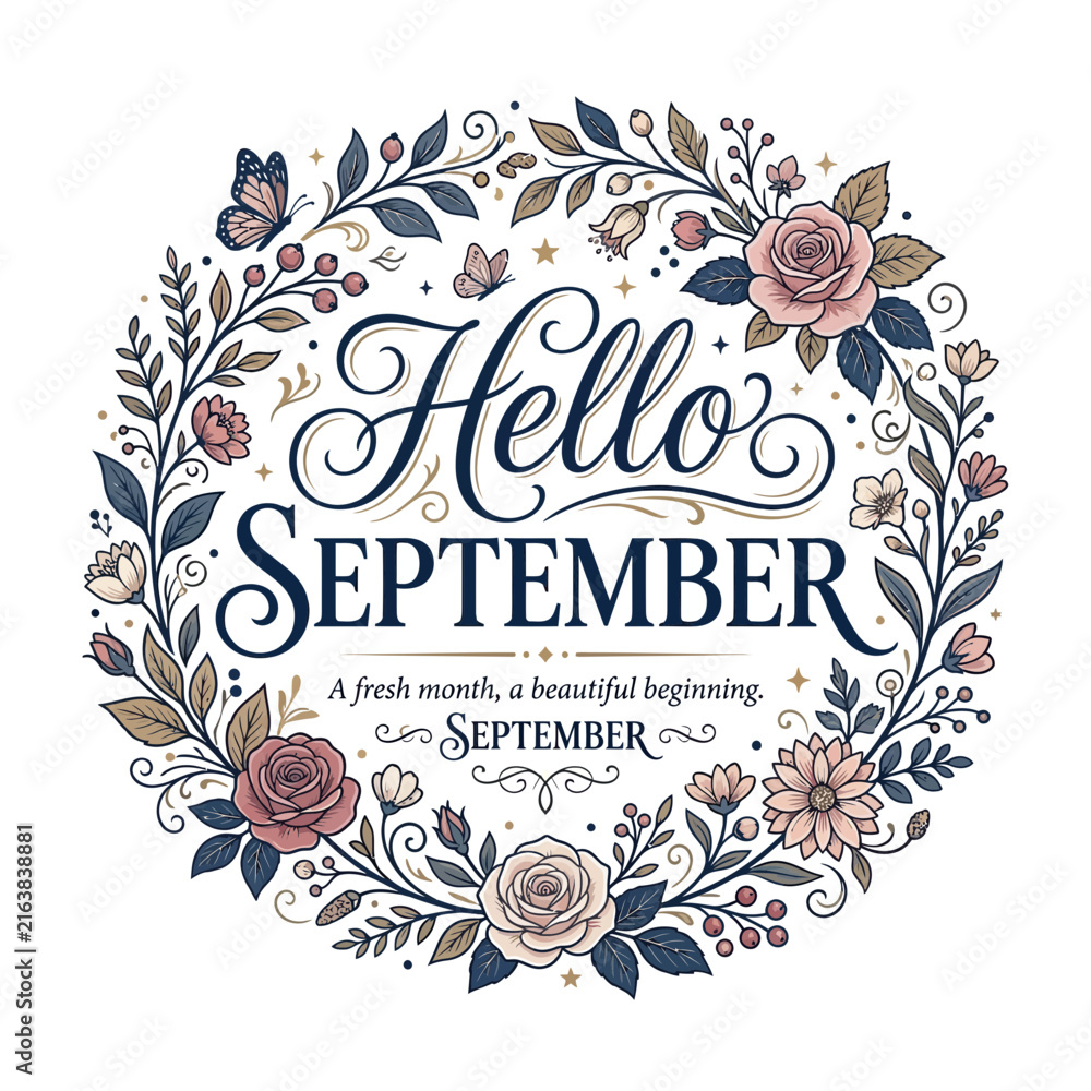 Fototapeta premium Elegant Hello September Greeting with Vintage Floral Wreath
