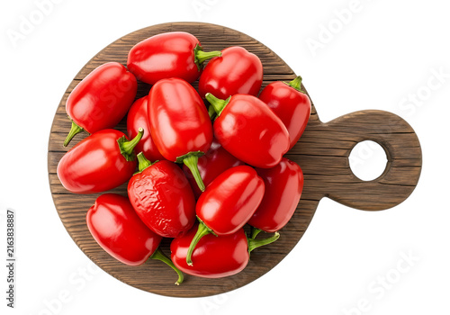 Pile of fresh red chili peppers on a rustic wooden cutting board, isolated on white background