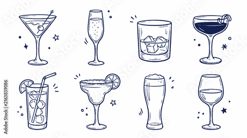 Set of hand drawn cocktail and drink glass icons on white background Vector