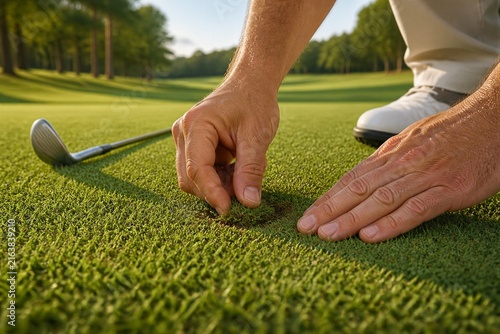 Golfer repairing divot on putting green at golf course