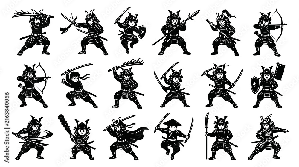 Fototapeta premium Samurai Warrior Black White Line Art Glyphs Set. Traditional Japanese Culture Martial Arts Icons.