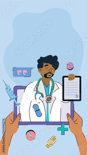 Black doctor providing online healthcare consultation through a tablet.
