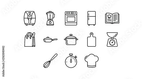 Cooking tools and culinary kitchenware outline icons