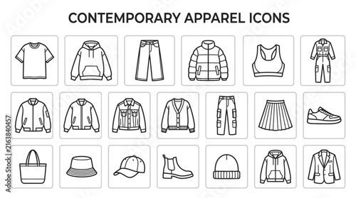 Contemporary clothing and fashion accessory line icons.