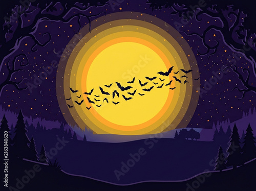 Halloween Night Landscape with Flying Bats and Glowing Full Moon over Forest
