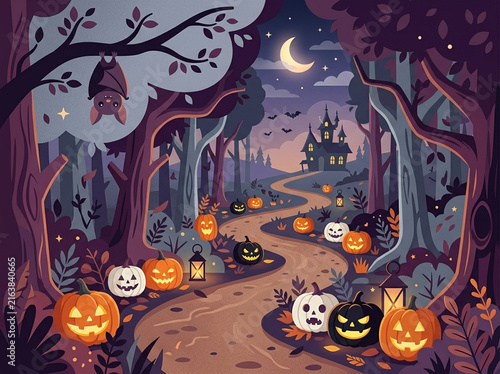 Halloween Haunted House in Spooky Forest with Jack O Lantern Pumpkins and Path Background