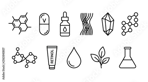 Cosmetic chemistry and laboratory skincare line icons.