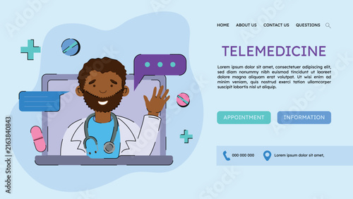 Telemedicine healthcare website with Black doctor and online medical consultation.