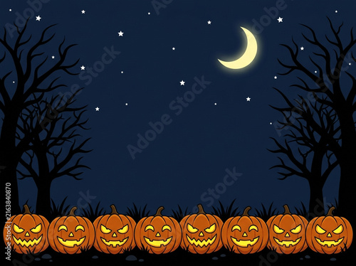 Halloween Pumpkin Border under Spooky Night Sky with Crescent Moon and Bare Trees