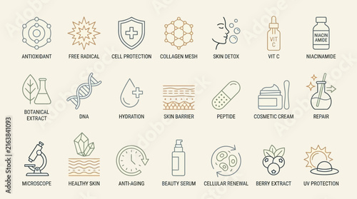 Cosmetic science and skincare routine line icons.