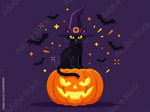 Halloween Black Cat wearing Witch Hat on Carved Jack-o-lantern Pumpkin