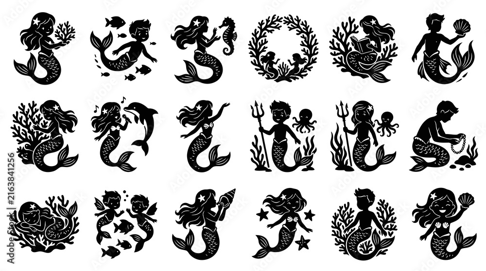 Obraz premium Mermaid Silhouettes: Black and White Vector Icons for Kids Fantasy Art