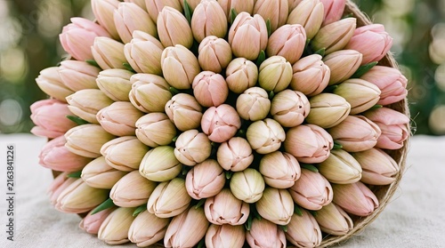 Soft pastel pink tulip bouquet arranged in a tight circular cluster showing delicate petals and fresh green stems on linen