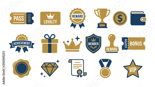 Customer loyalty program and reward achievement gold icons.
